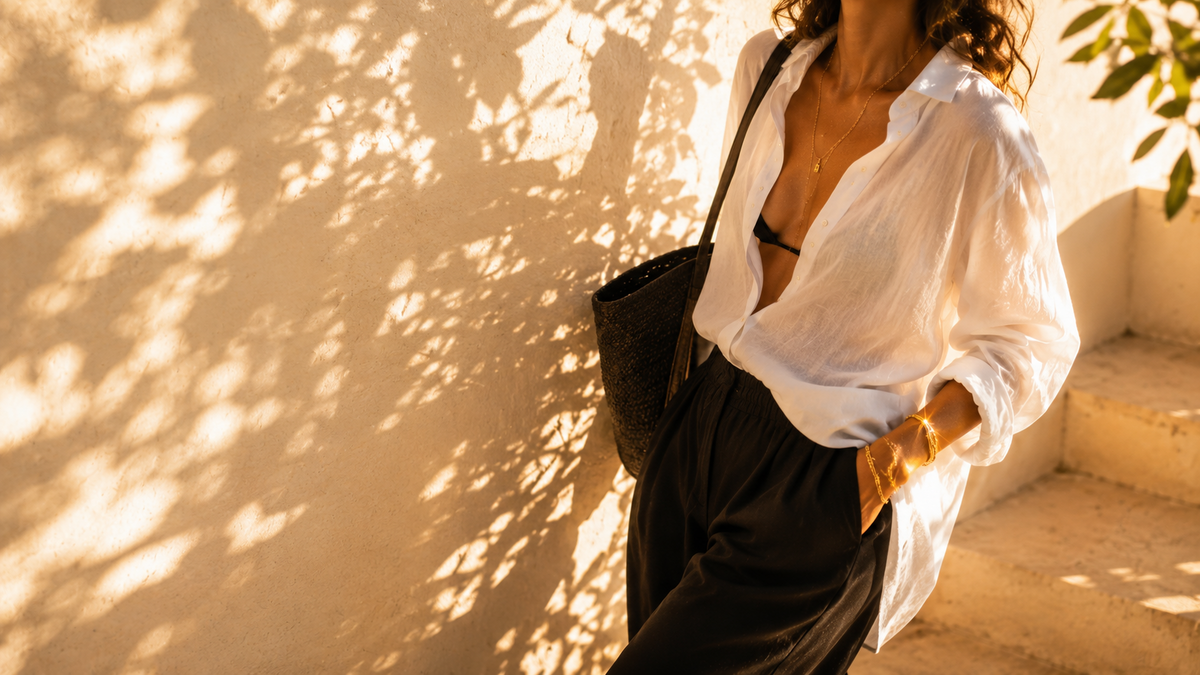 Golden House woman in neutral fashion styling