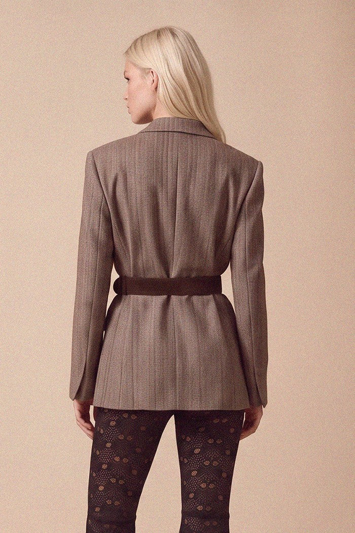 Belted Herringbone Structured Blazer