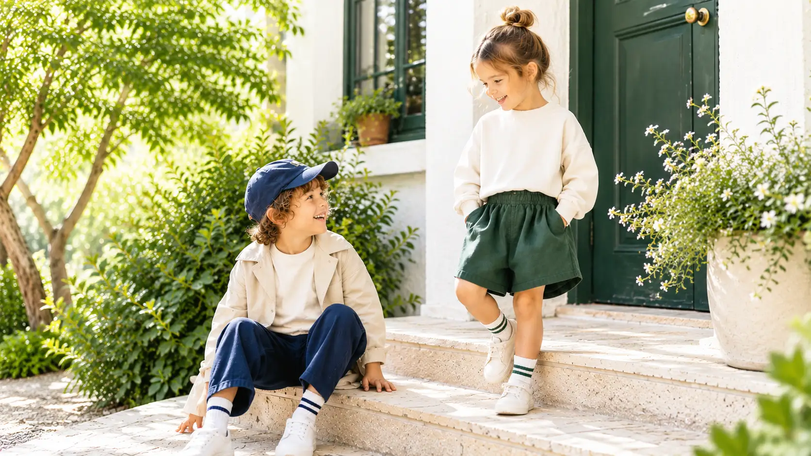 Two children wearing casual outfits from the Golden House Little Goldens collection