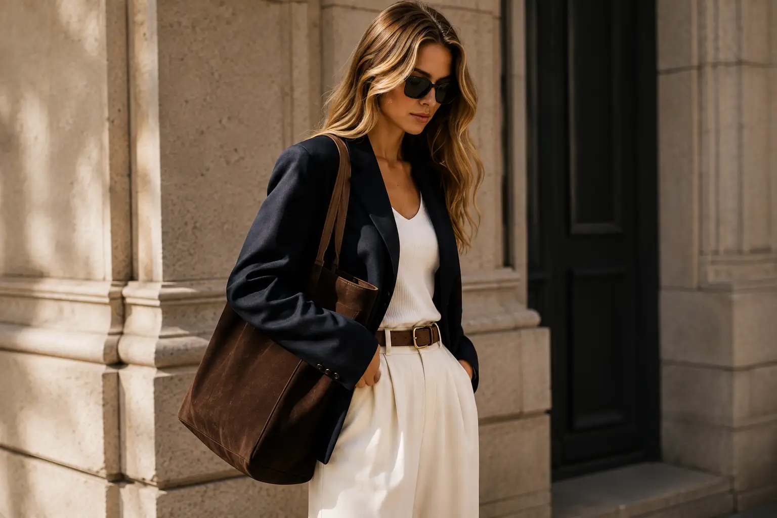 Woman wearing a black blazer and white trousers from the Golden House Fashion collection