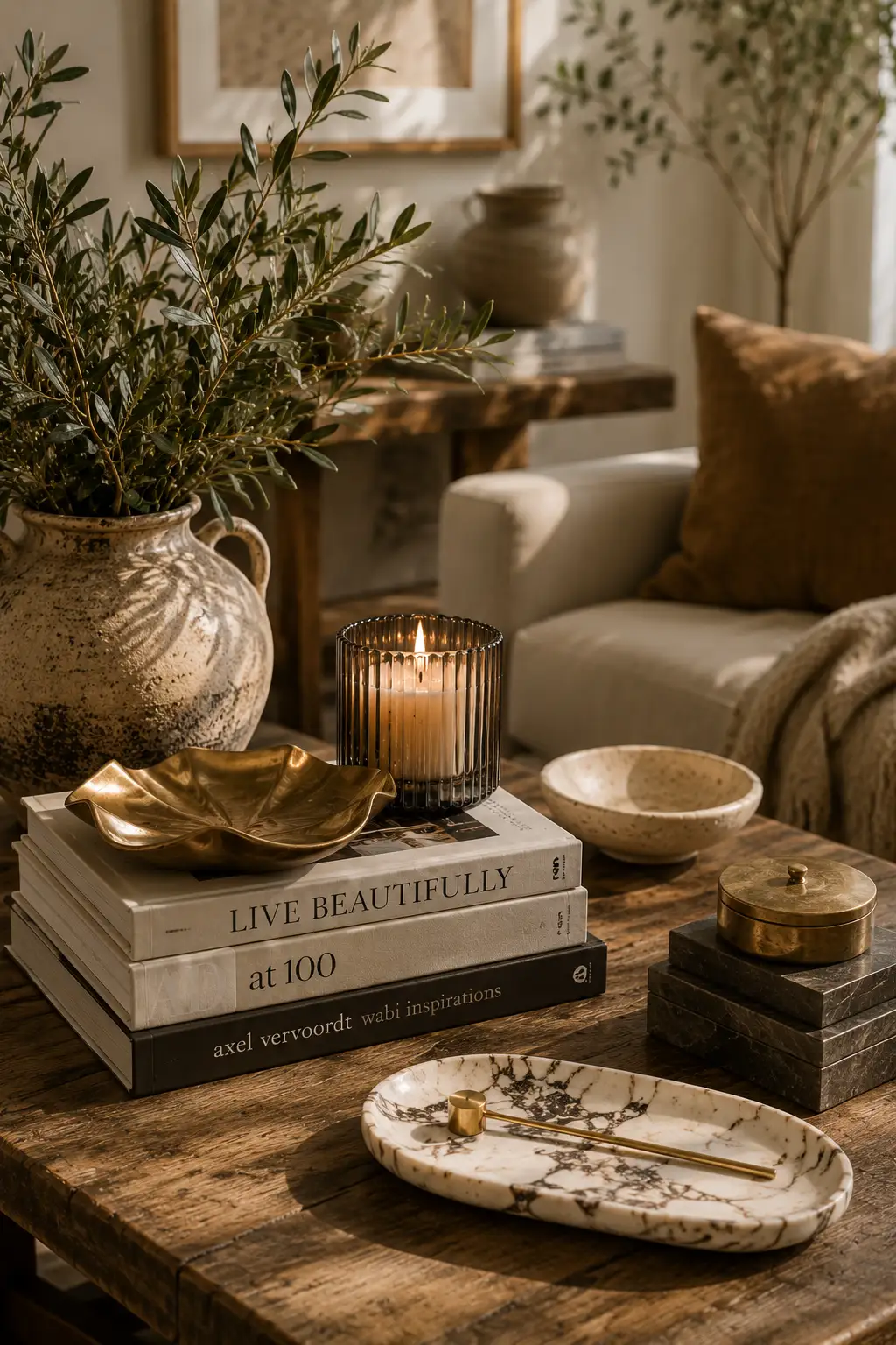 Golden House home decor collection featuring candles, books and neutral living room accents