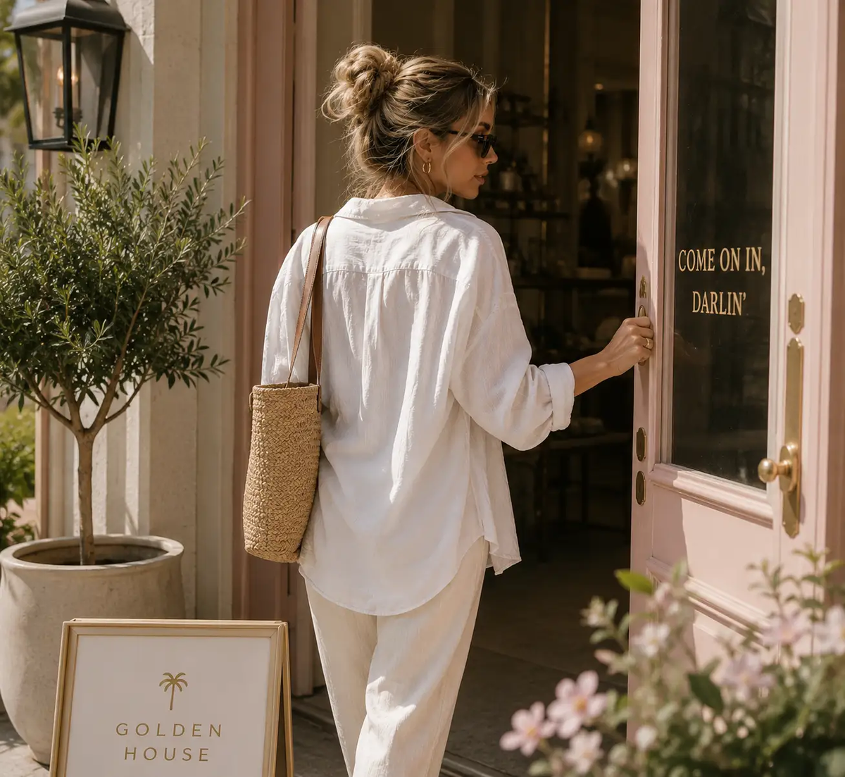 Woman entering the Golden House boutique in a relaxed white outfit