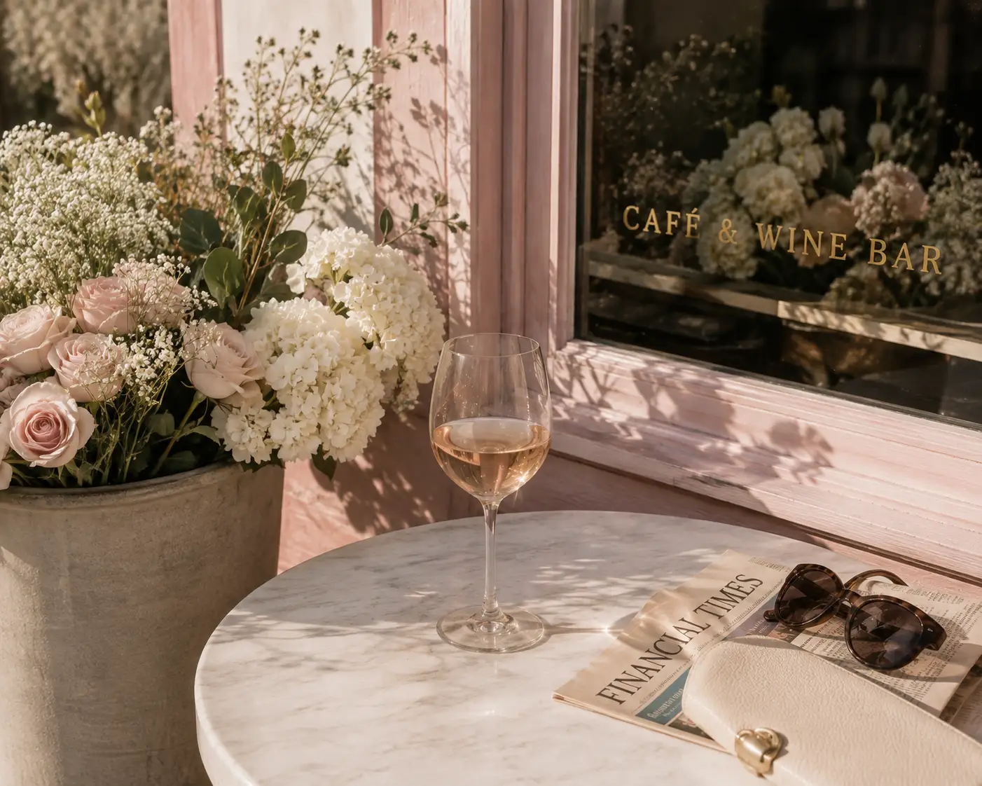 Flowers and wine on an outdoor café table at Golden House
