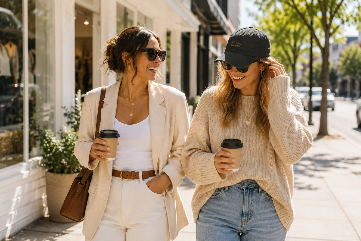 Two women in neutral fashion walking in Collingwood