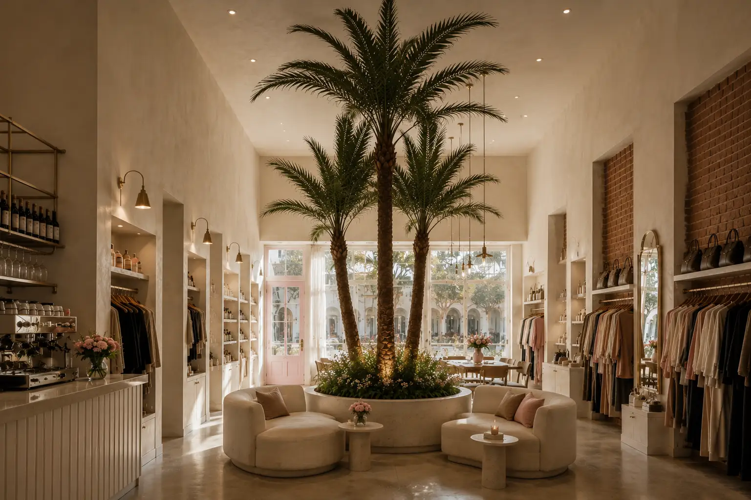 Golden House boutique interior in Collingwood with palm trees and curated fashion displays