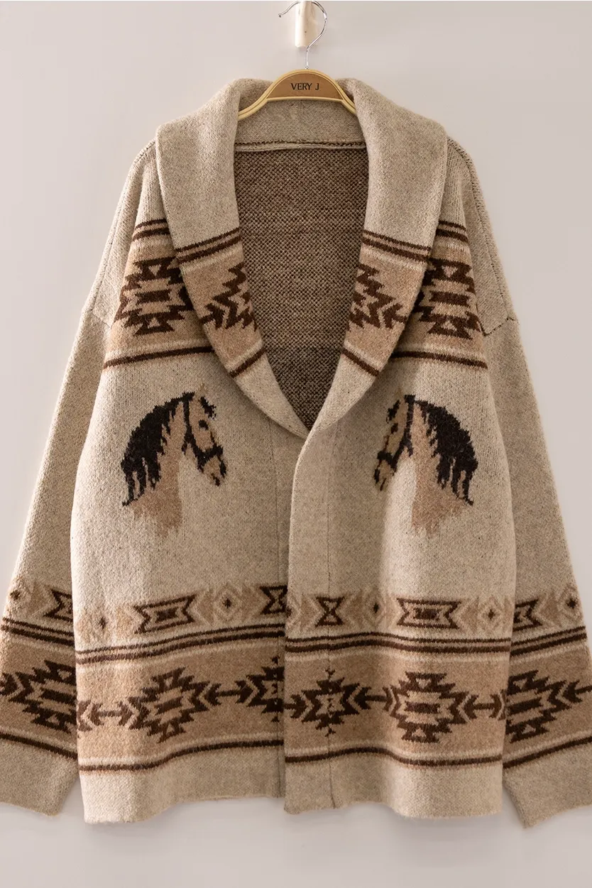 Southwest Horse Knit Cardigan with geometric horse pattern