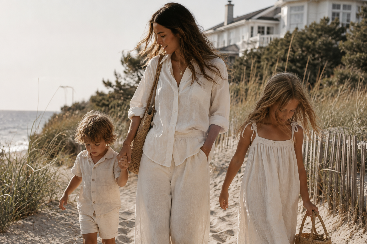 Mother and children walking together on the beach