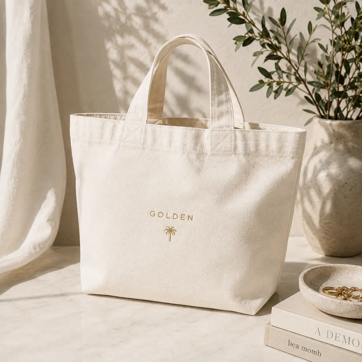 Cream clothing and accessories in a neutral lifestyle setting